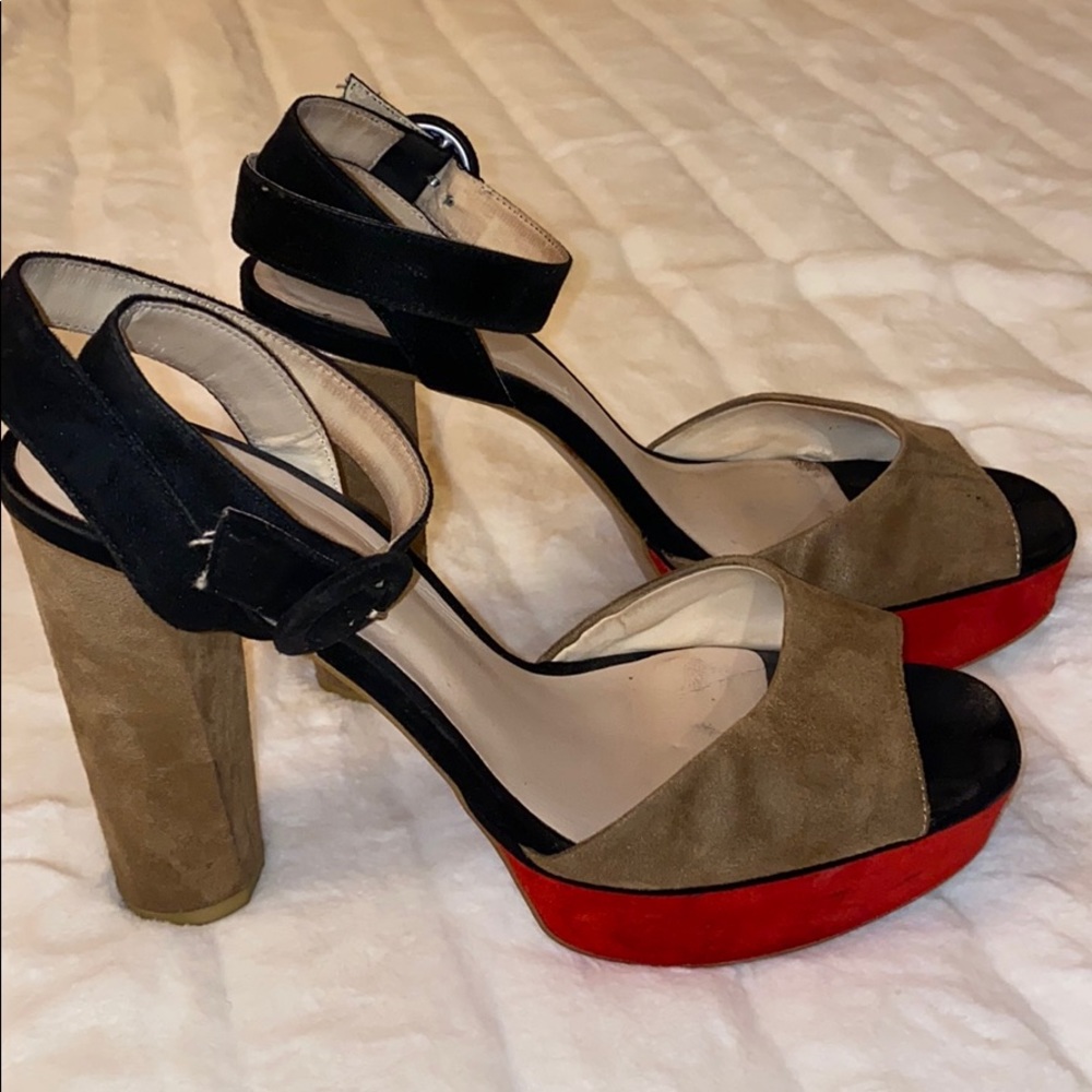 Zara suede black & red block heel platform sandal